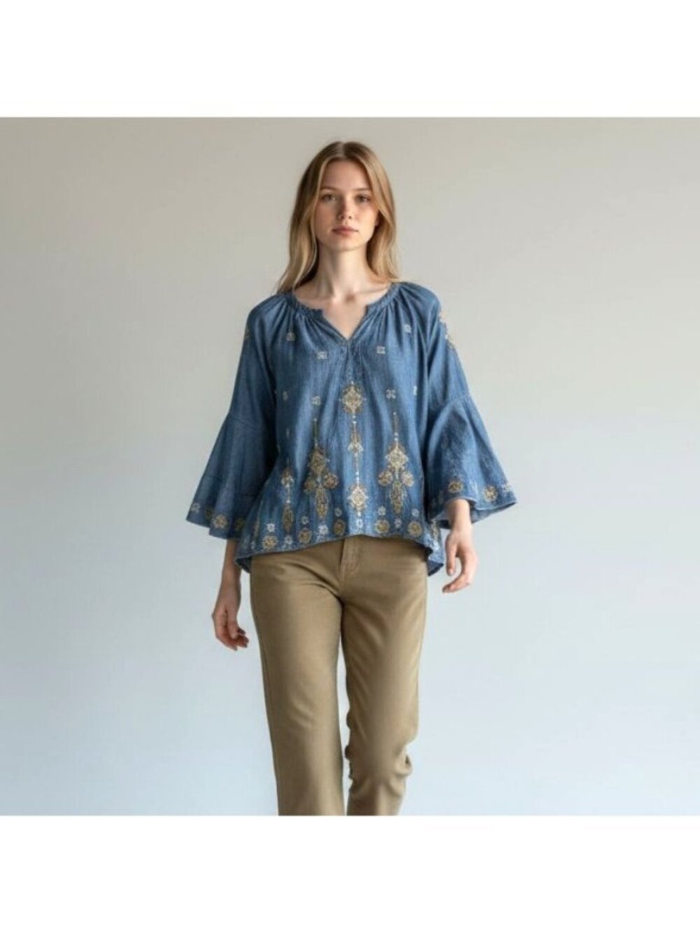 Kyla Seo Iris Blouse Tencel Embroidered Bell Sleeve Top Western Boho Sz Small